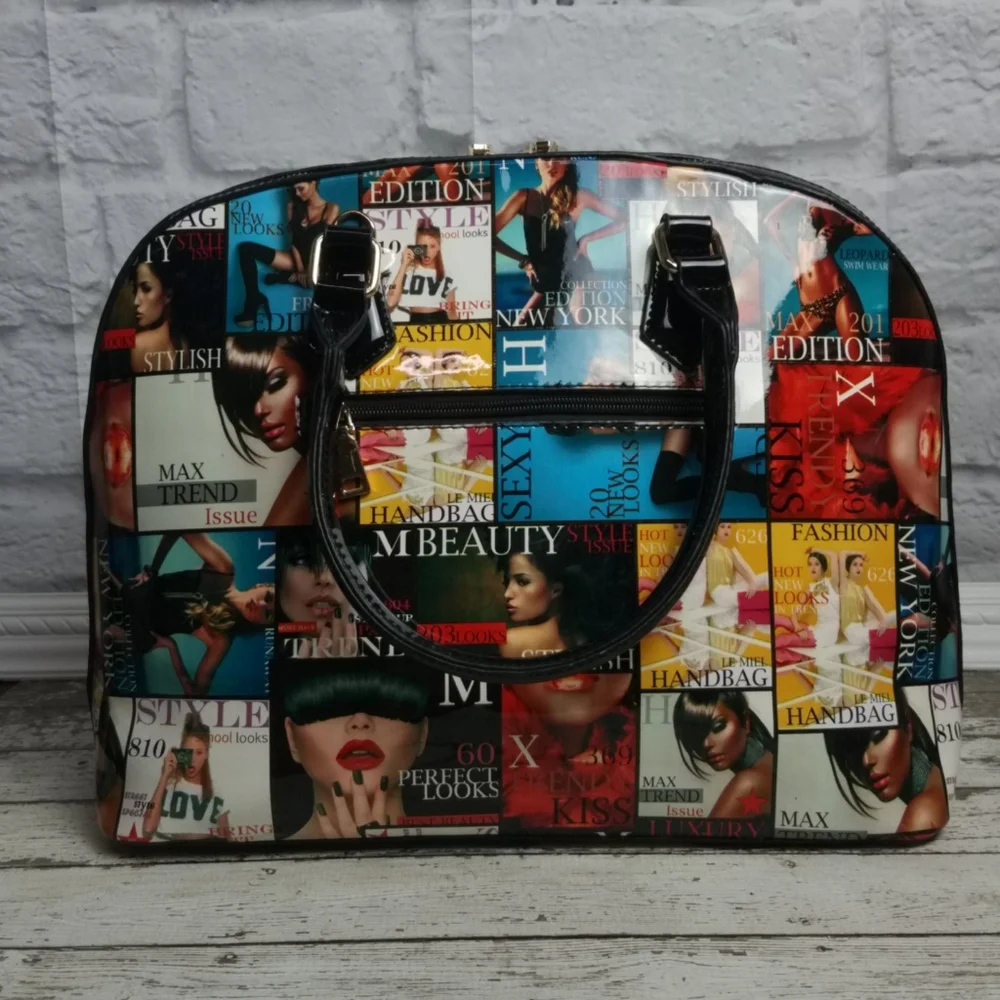Glossy Magazine Cover Collage Dome Satchel Handbag - Picture 2 of 6